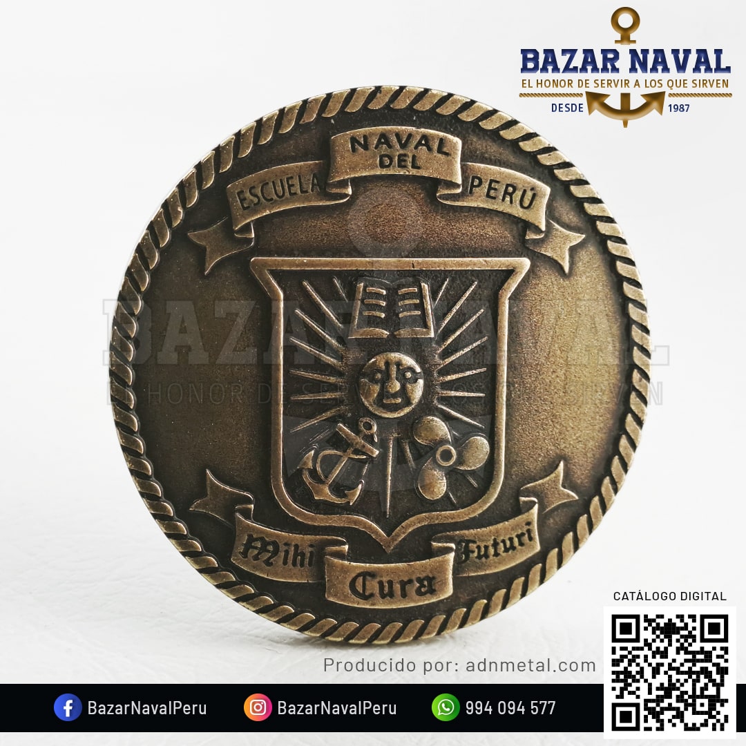 Moneda Escuela Naval del Perú y escudo Marina de Guerra del Perú enchapada en Bronce Antique